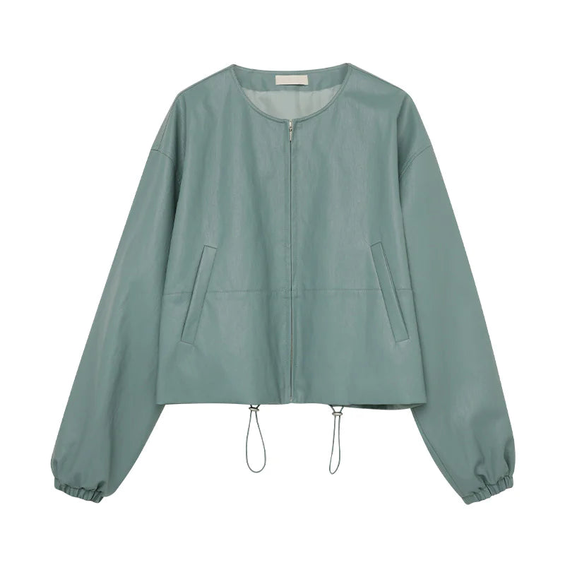 Drawstring High-Grade PU Leather Jacket