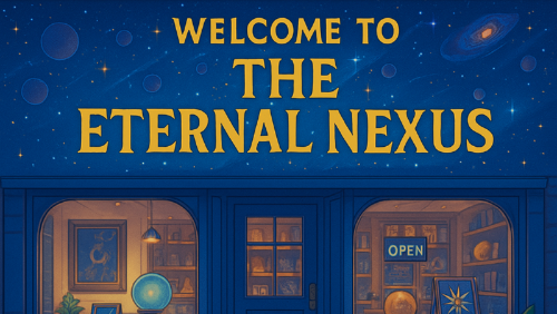 Shop front with 'Welcome to the Eternal Nexus' text on a starry night sky background