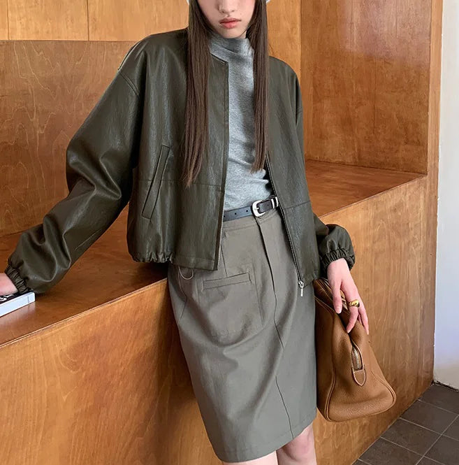 Drawstring High-Grade PU Leather Jacket
