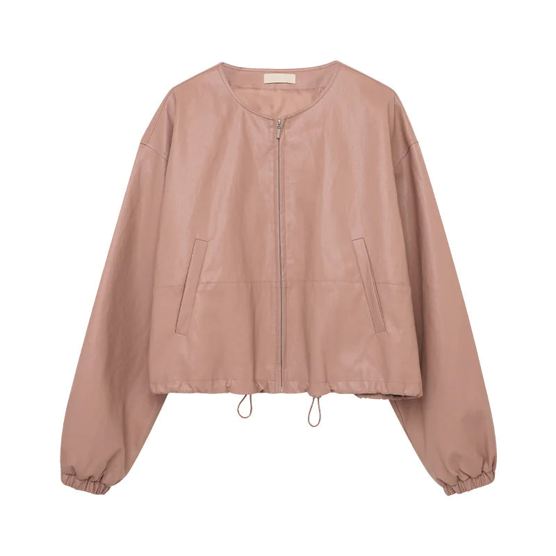 Drawstring High-Grade PU Leather Jacket