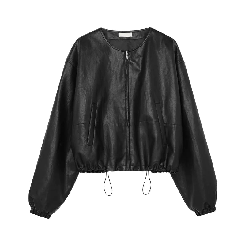 Drawstring High-Grade PU Leather Jacket